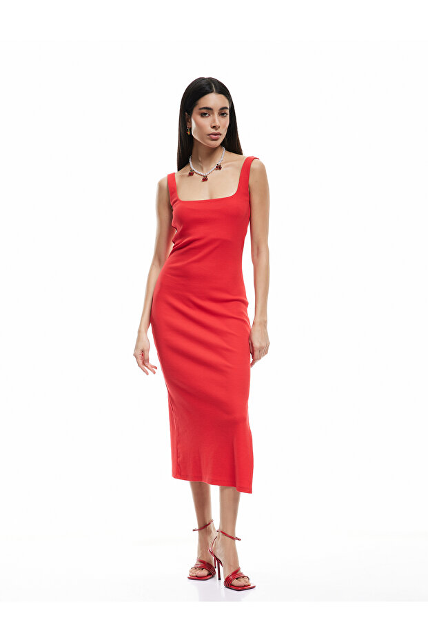 Cotton Slit Detailed Slim Fit Square Neck Strap Dress