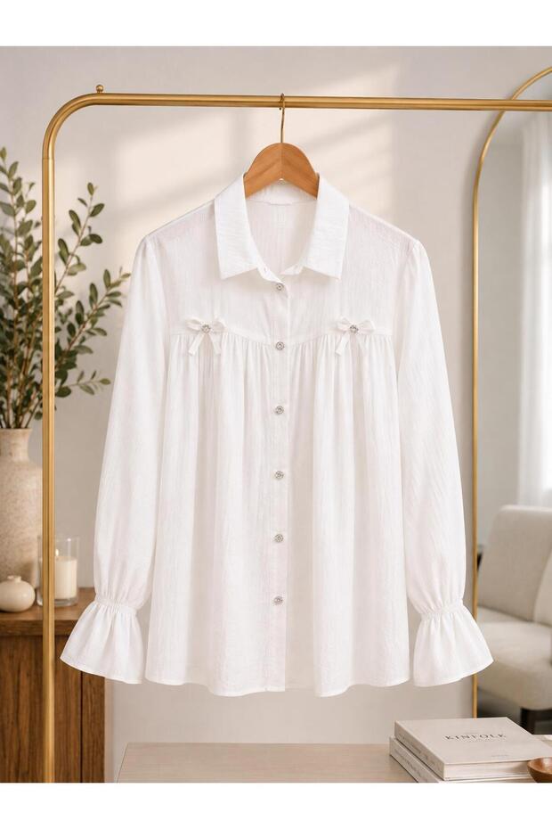 Women's White Drawstring Detailed Long Sleeve Oversize Long Shirt