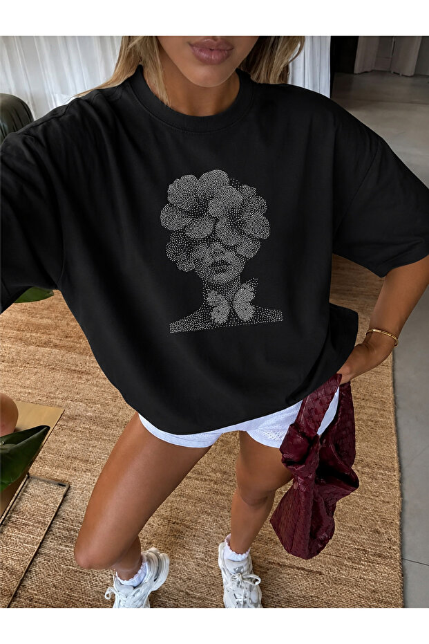Cotton Women'S/Men's Unisex Oversize Crew Neck Stone Patterned White Dotted Printed Design Stylish Comfortable T-Shirt