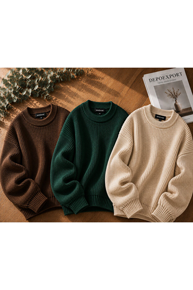 Women's Premium Oversize Knitwear Sweater Set of 3 Black Beige Emerald Soft Textured