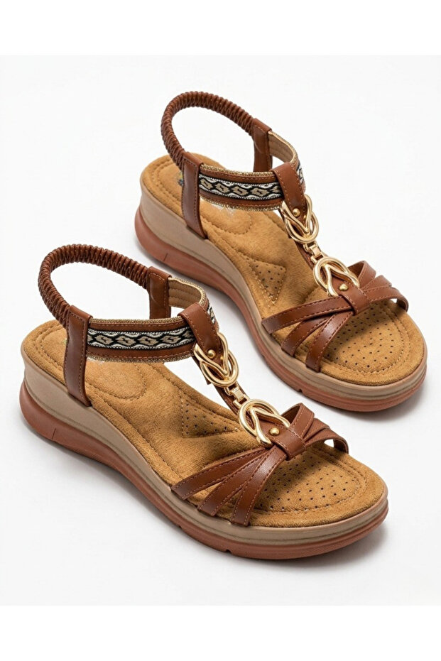 Women's Chain Detailed Wedge Heel Ankle Elastic Sandals