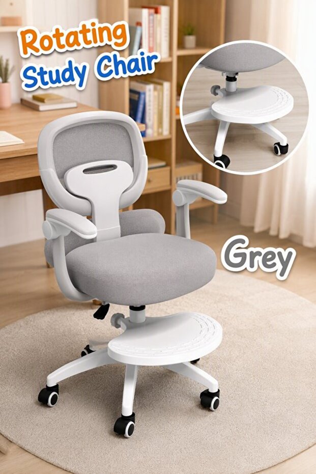 1 Mesh Adjustable Swivel Study Chair Ergonomic Folding Armrest PU Silent Wheels Grey