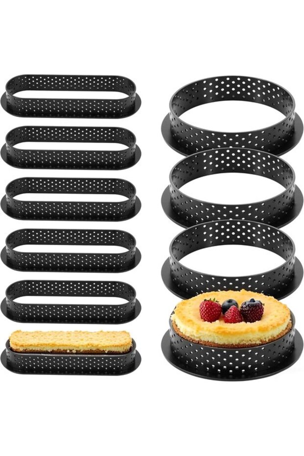 Set of 10 round baking pans, with perforation and non-stick coating, ideal for cakes and savory dishes