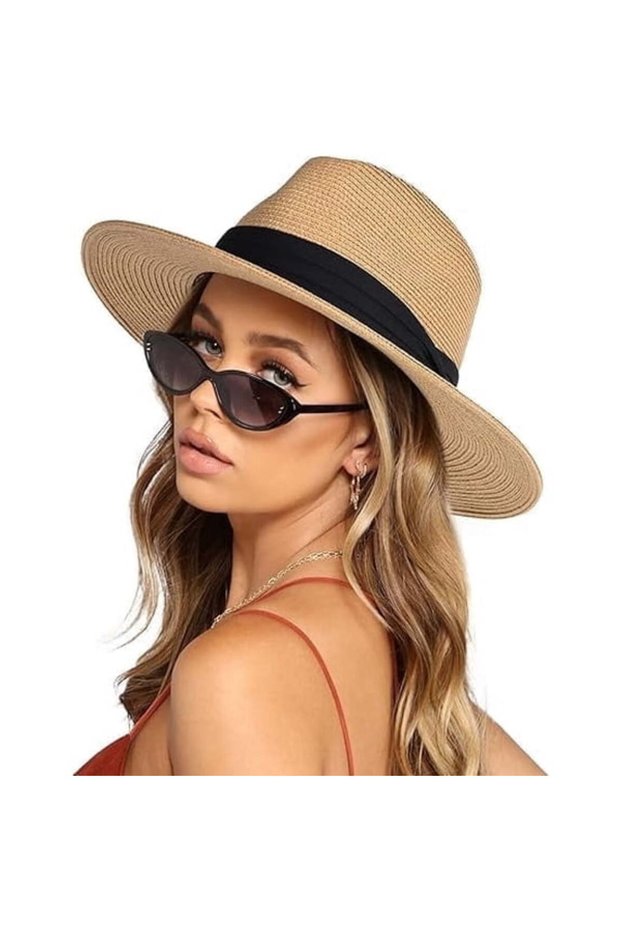 Women's straw sun hat, women's sun protection hat, women's beach hat, UPF 50+ sun protection, one size fits all, adjustable - khaki