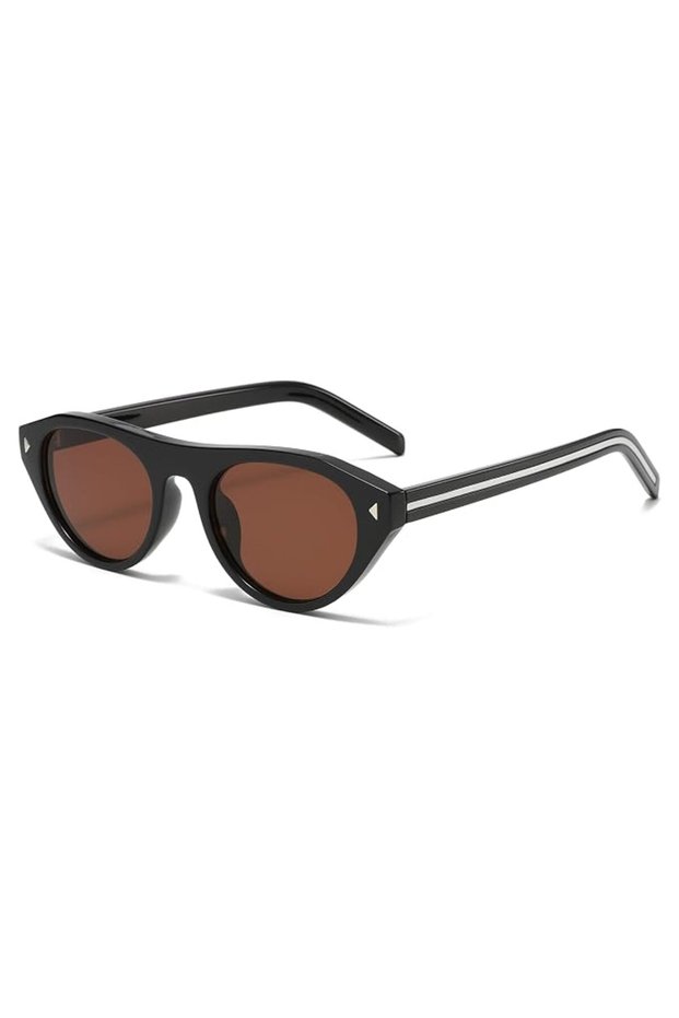 Oval Cat-Eye Sunglasses Fashion Small Round Retro Glasses for Women UV Protection Travel Driving Everyday Black Frame Brown Lenses