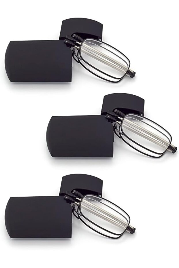 Three hard-shell folding reading glasses, pocket-sized portable spring-hinge reading glasses, clear lenses.