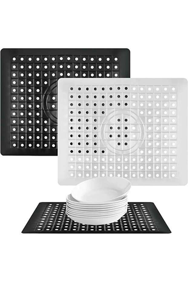 Set of 2 Non-Slip Sink Mats - Rectangular Rubber Sink Protector with Drain Hole