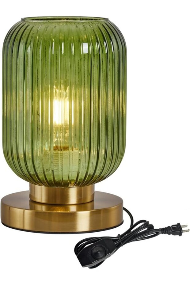 Mid-century Modern Spherical Glass Table Lamp – Dimmable Green Pumpkin Lamp (Ribbed Glass)