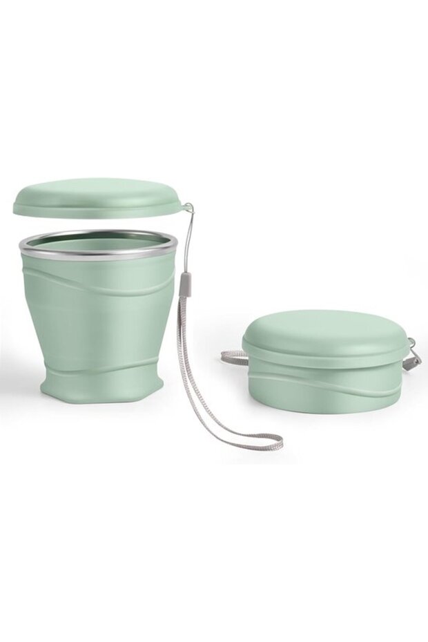 Silicone foldable travel mug with dustproof lid, 260 ml, BPA-free, portable, reusable for camping, picnic, travel, office (light green)