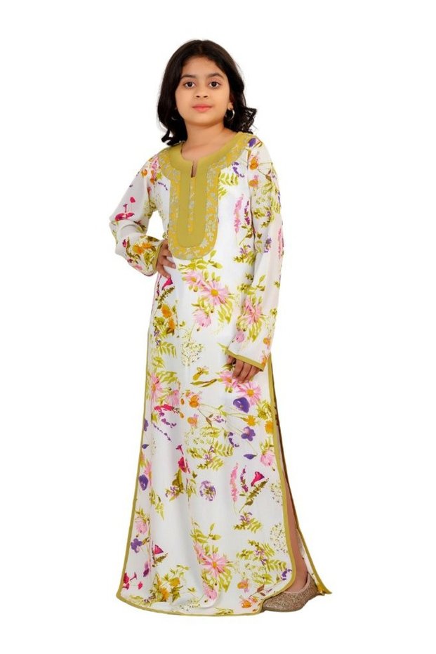 Girls Floral Print Embroidered Jalabiya