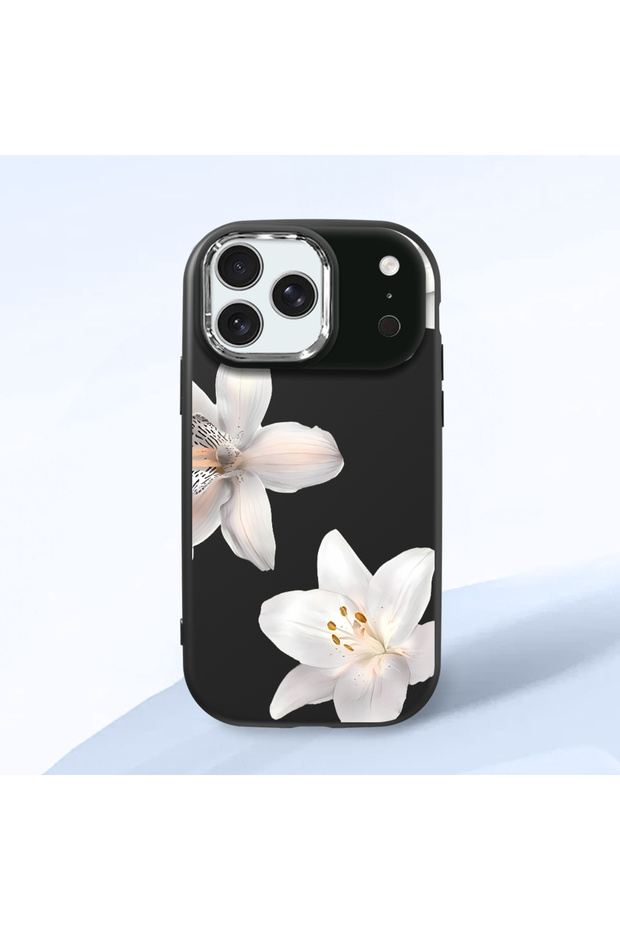 iPhone 17/18 Pro Max Compatible Case with Camera Protection Black Silicone Couple Phone Case with Floral Pattern