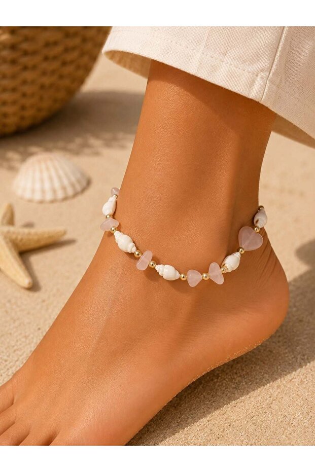Gold Anklet with Pink Natural Stone and Seashell Detail