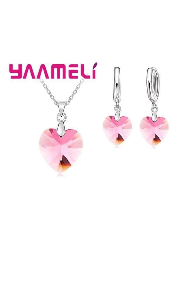 Pink Love Heart Shape Women 925 Sterling Silver Color Bridal Jewelry Set For Wedding Fashion Crystal