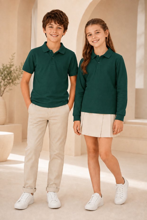 Children's Unisex Dark Green 2-Piece Polo Collar T-Shirt Set Short Sleeve + Long Sleeve 100% Cotton Lakos Fabric