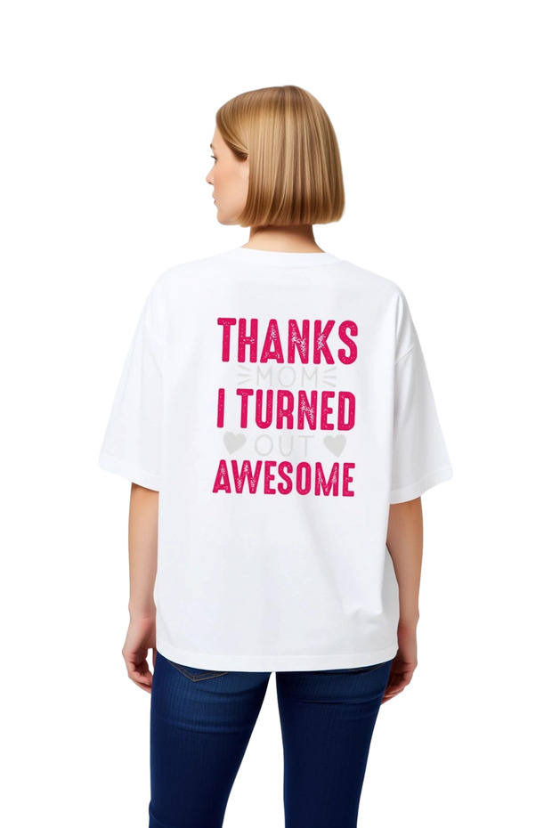 Women's Oversize Short Sleeve Printed T-Shirt with Thank You to My Mom Motif, Casual Daily Wear, Comfortable Cut