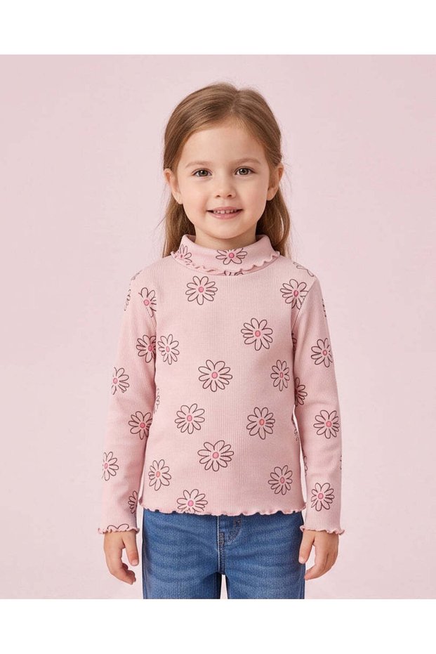 Girls Pink Floral Print Rib High Neck T-Shirt