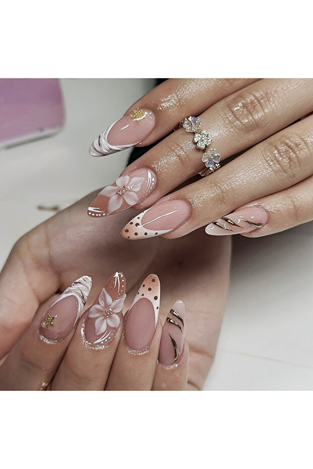 3467 Medium fake nails for women Gradient nude brown blue flowers or rhinestones fall winter almond