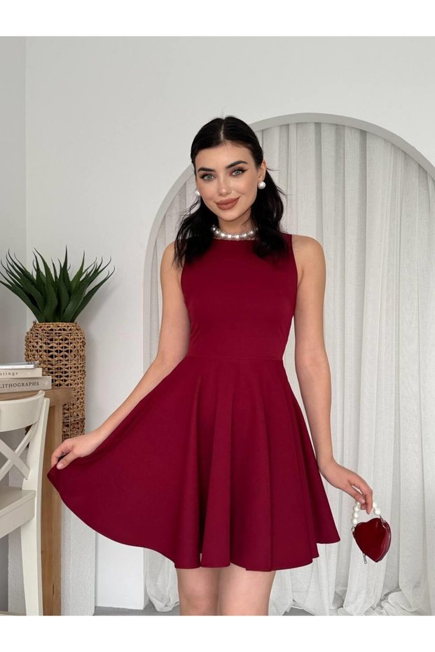 Women's Burgundy Mini Dress, Crew Neck, Sleeveless, with Pockets, Flared Skirt, Stylish Design