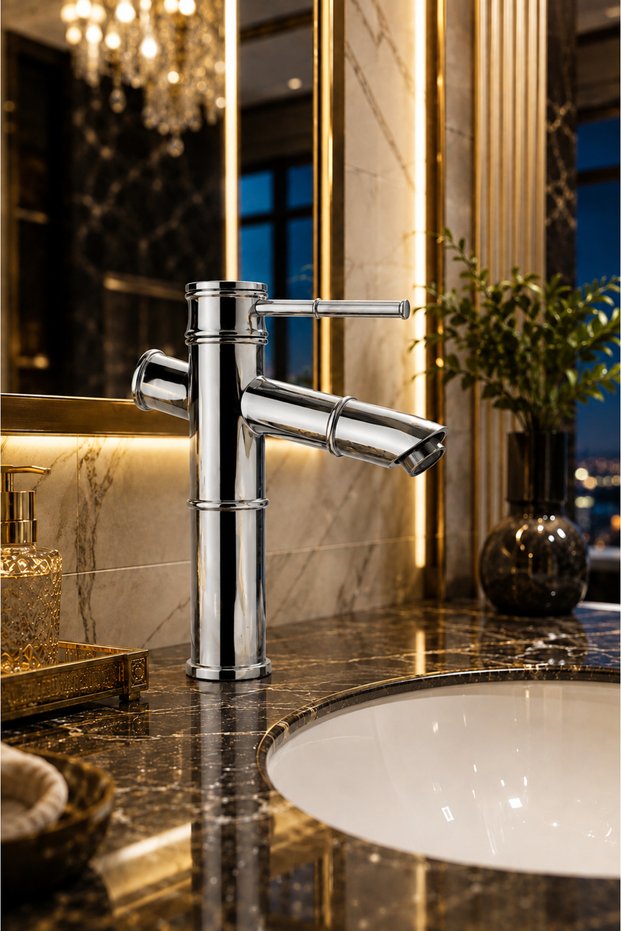 Bamboo Chrome Fixed Sink Faucet | Premium Model | Luxury Vintage Lavatory Faucet