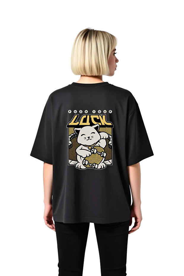 Forced to Be Lucky Cat Printed Women's Oversize T-Shirt