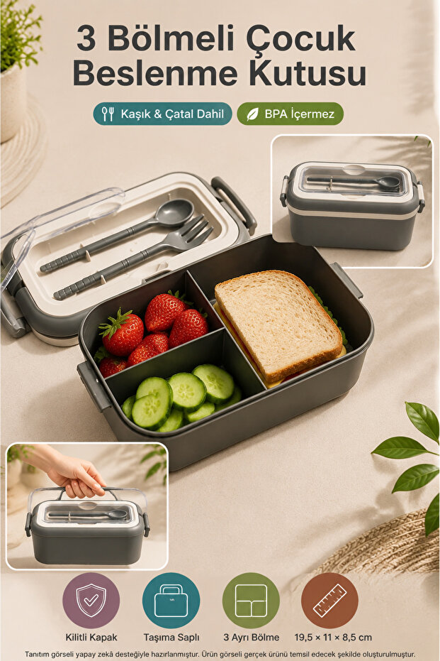Anthracite 3-Compartment Children's Lunch Box, Spoon and Fork Included, Lockable Lid, Carrying Handle Lunch Box