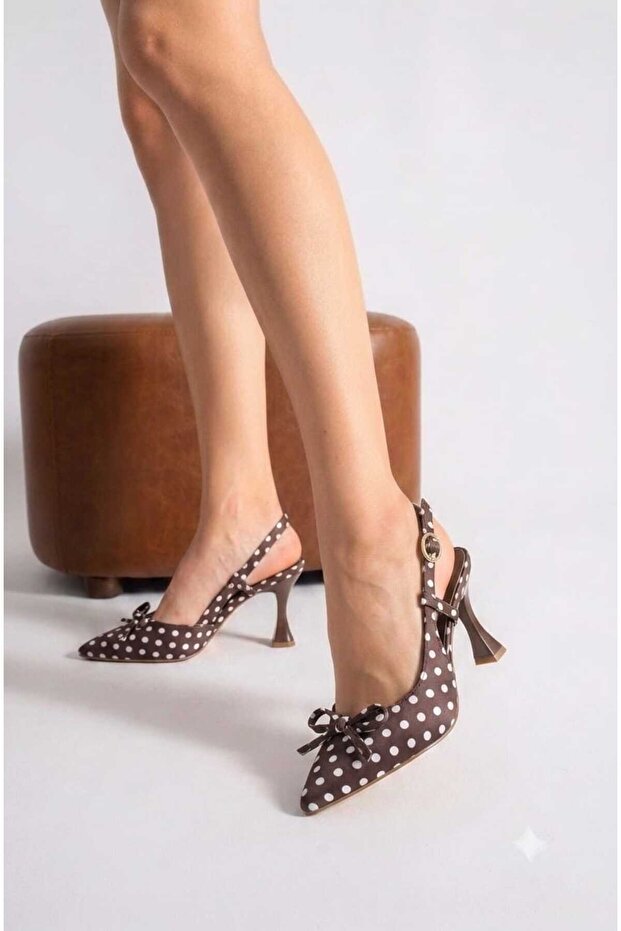 Polka Dot Patterned Bow-Tie Satin Comfortable -Heeled Shoes