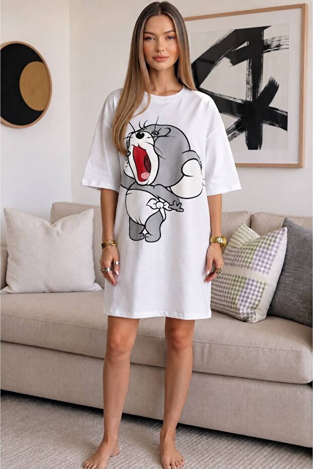 Crew Neck Jerry Printed Cotton Oversize Women's T-Shirt Dress