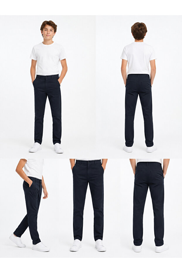 Boys' Navy Blue Soft Linen School Trousers with Adjustable Elastic Waist, Comfortable Fit, Straight Leg Children's Pants