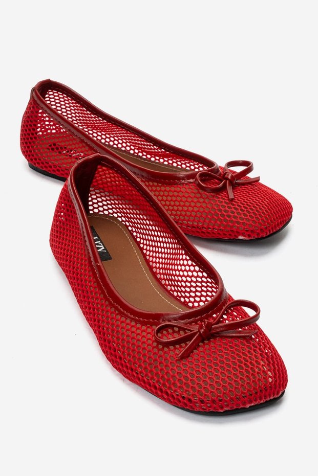 Women's Red Mesh (Mesh) Ballerina Summer Breathable Flat Shoes with Bow