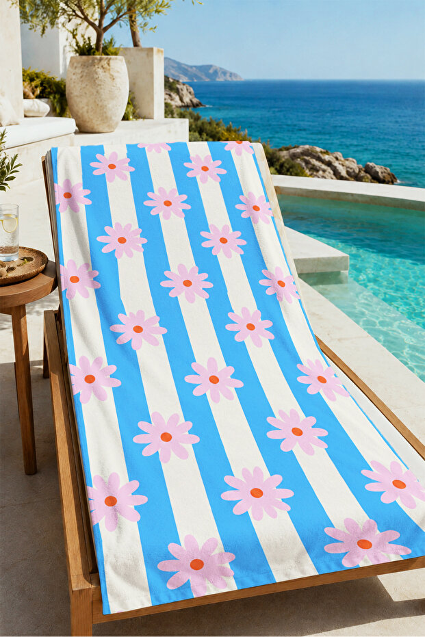 Retro Blue Pink Striped Daisy Summer Patterned 70X150 Beach Towel - Cotton Bath Towel