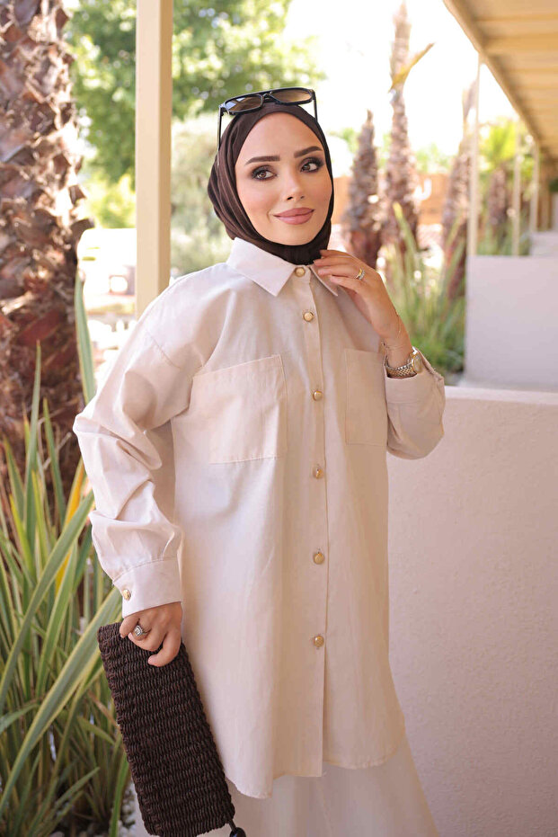 Beige Buttoned Double Pocket Shirt