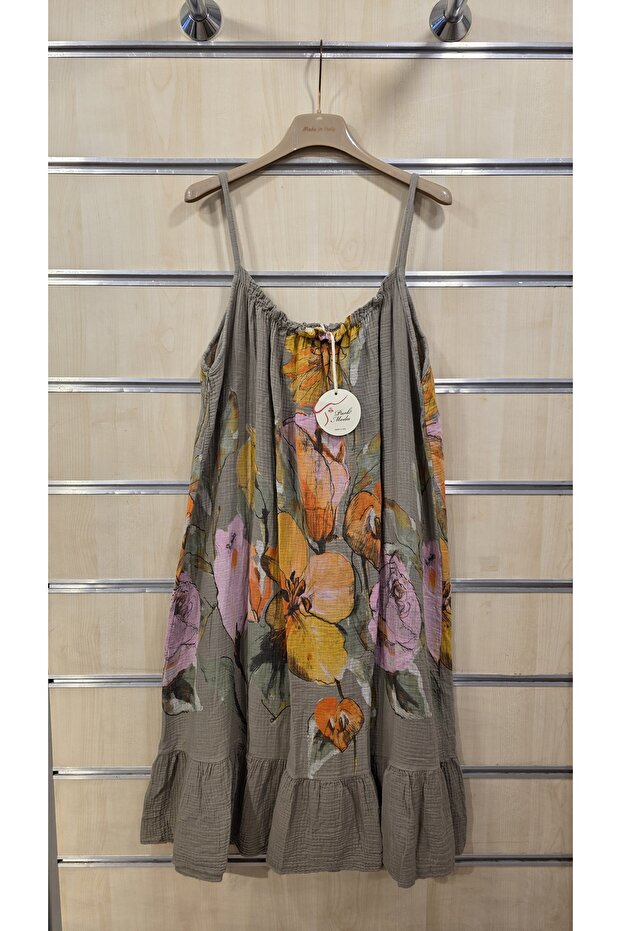 Short Italian Dress with Rope Straps, Muslin Woven, 100% Cotton