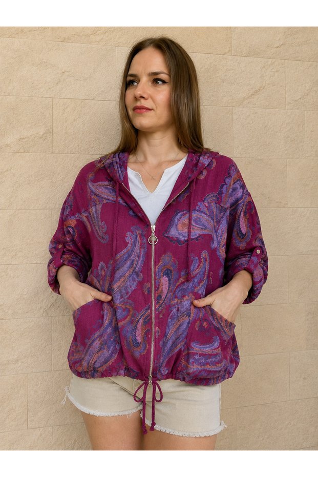 Women's Original Italian Cotton Hooded Zipper Long Sleeve Shirt 42-48