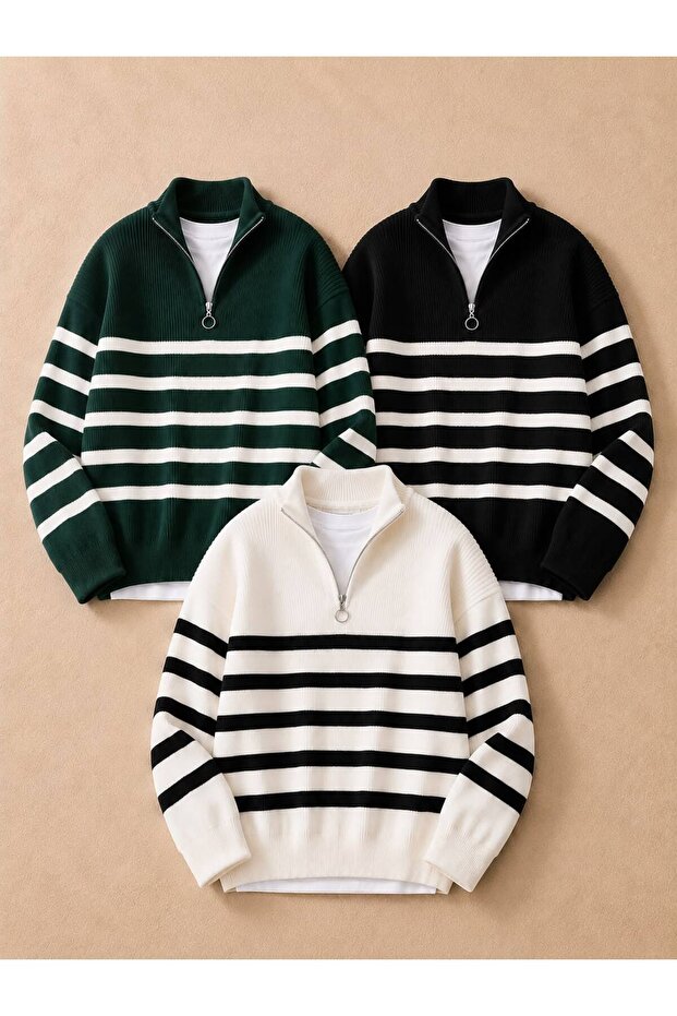 Men's 3-Pack Striped Knitwear Sweater Half Zipper Stand Collar Oversize Long Sleeve Winter Sweater