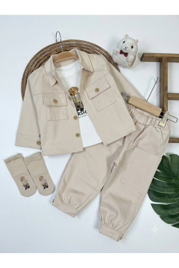 Teddy Bear Printed, Buttoned Front, Socks, Badge, Pocket Detail, Gabardine Lycra 4-Piece Baby Boy/Child Set