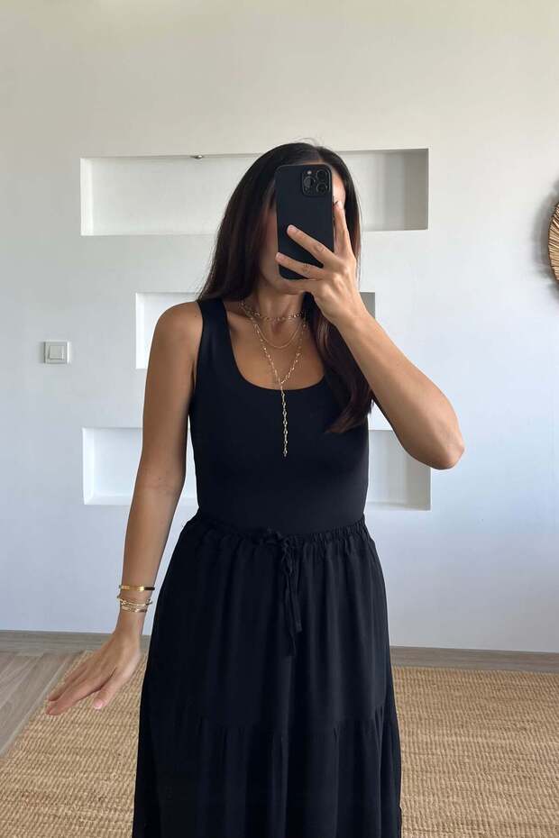 Black Wide Strap Polyamide Sleeveless Tshirt