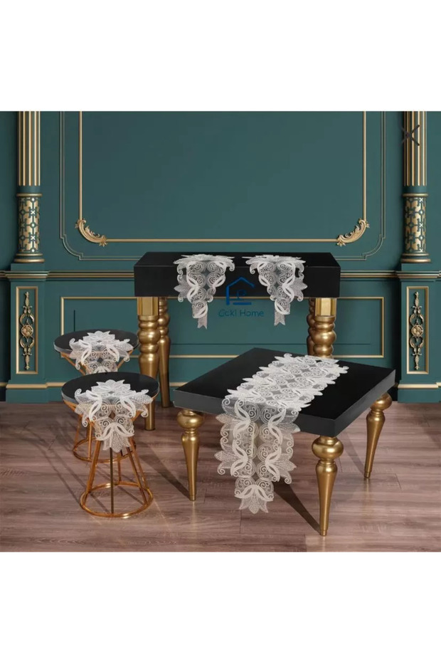 Cream Elegant Model 5 Piece Dowry Set Lace Tablecloth Runner Set Living Room Set Decorative