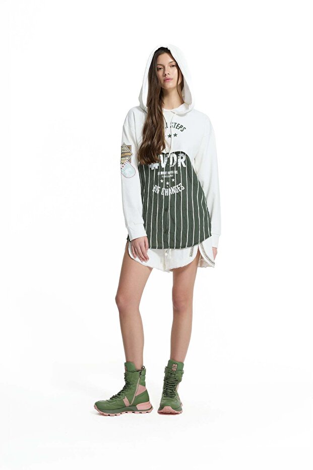 Ecru Green Layered Hooded Striped Piece Detailed Oversize Tunic Sweatshirt 19028