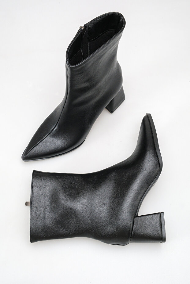 Black Leather Women's Heeled Boots Pointed Toe 6 cm Thick Heel Side Zipper