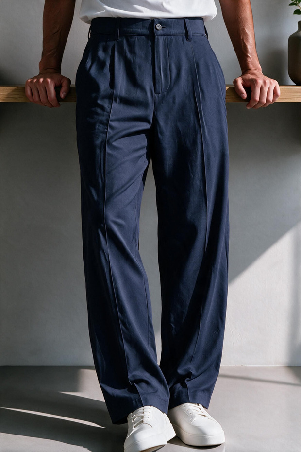 Vento Men's Premium Single Pile Detailed Linen Baggy Trousers