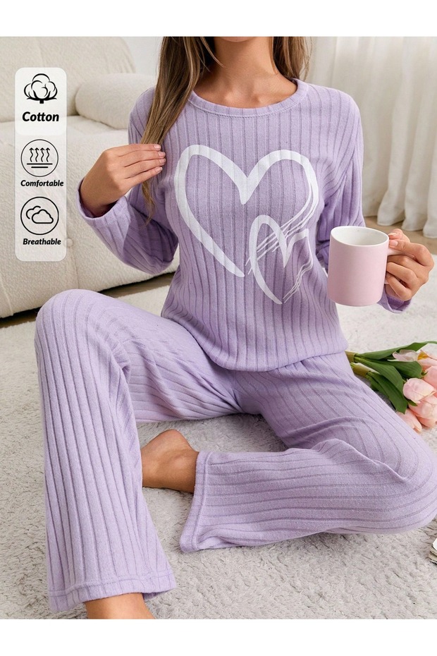Seasonal Lilac Cotton Heart Detailed Pajama Set