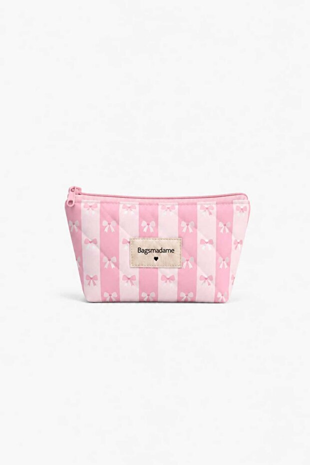 Ribbon Patterned Single Compartment Pen Holder Makeup Bag Pencil Case 19X11 cm Small Size