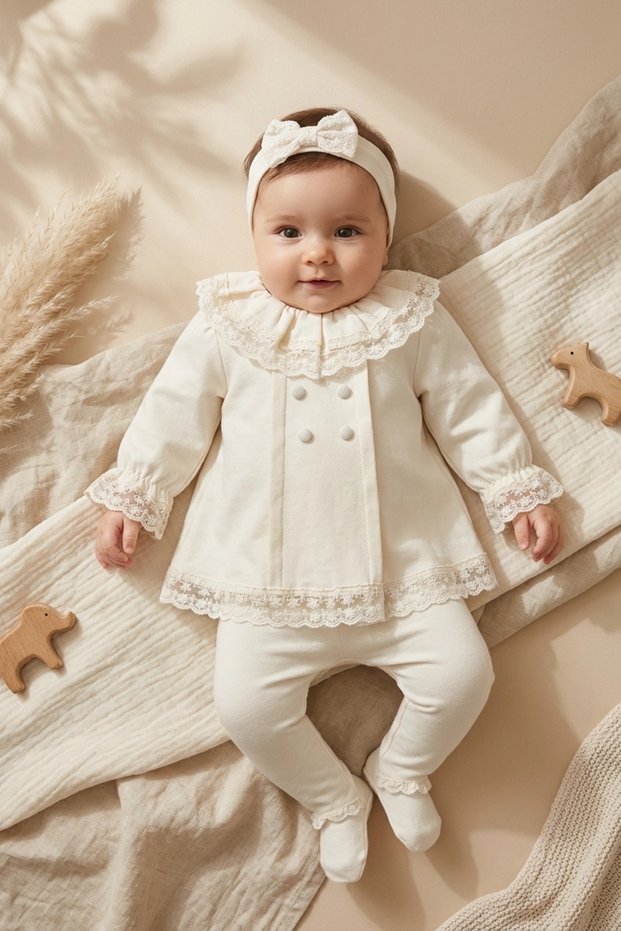 Ecru Lace Collared 3-Piece Baby Set - Cotton Top, Pants and Bandana Set - Vintage Style Luxury Baby Set