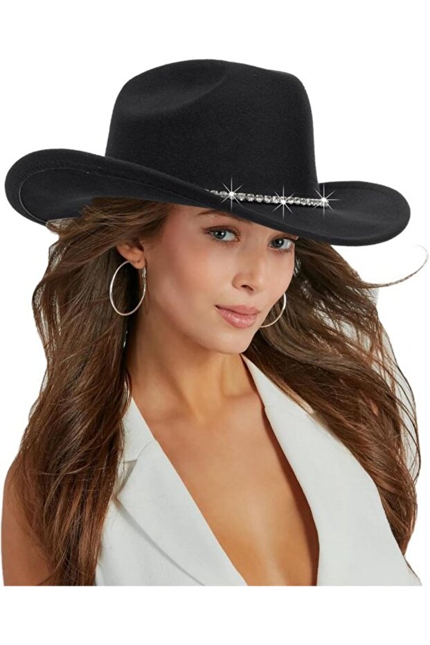 Unisex black cowboy hat - rollable brim with sparkly embellishments