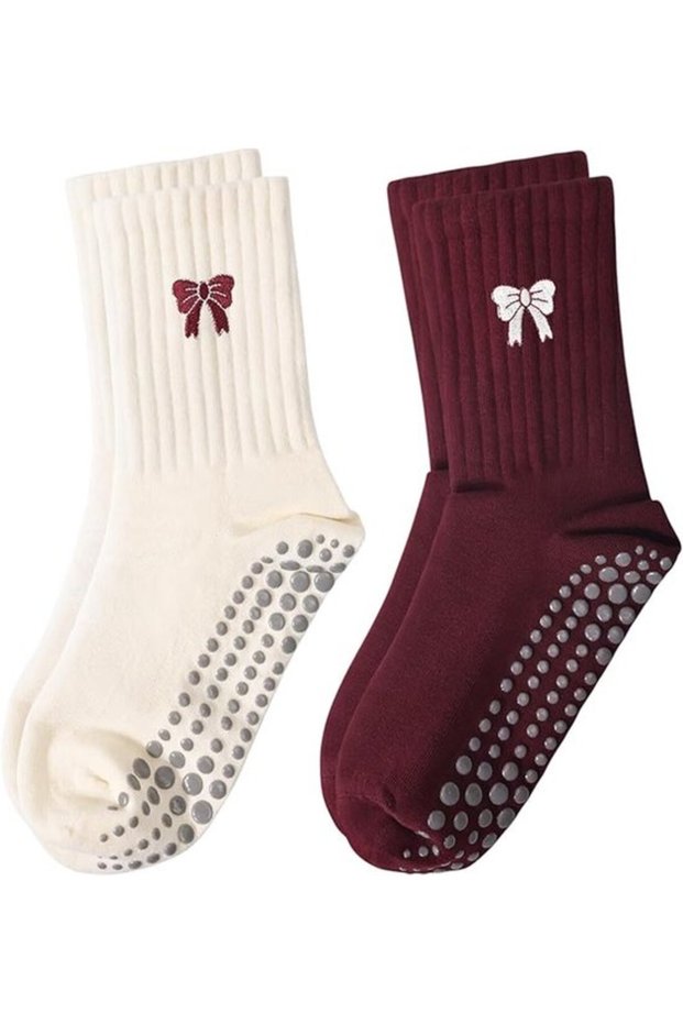 Cute Pilates socks for women, with a non-slip design, yoga embroidered bow suitable fitness, ballet, and dance exercises.