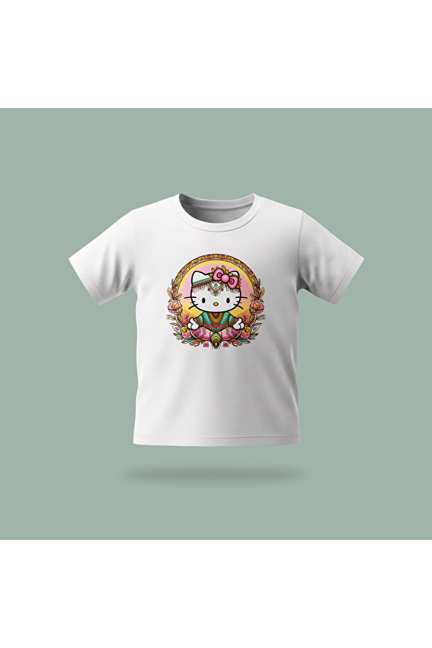 Kids' Kitty Yoga Patterned Printed T-Shirt 100% Cotton Single Jersey Fabric - White