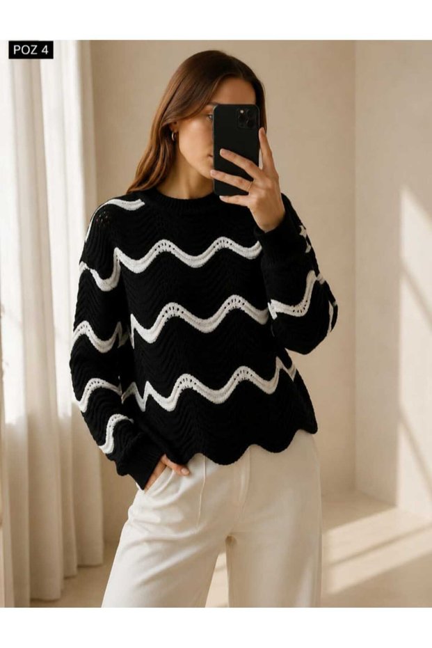 Women's Zigzag Thin Striped Crew Neck Knitwear Sweater