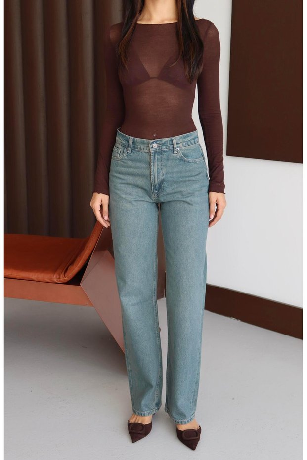 Women's Green Tint High Waist Straight Fit Green Toned 5 Pocket Straight Leg Jean Trousers