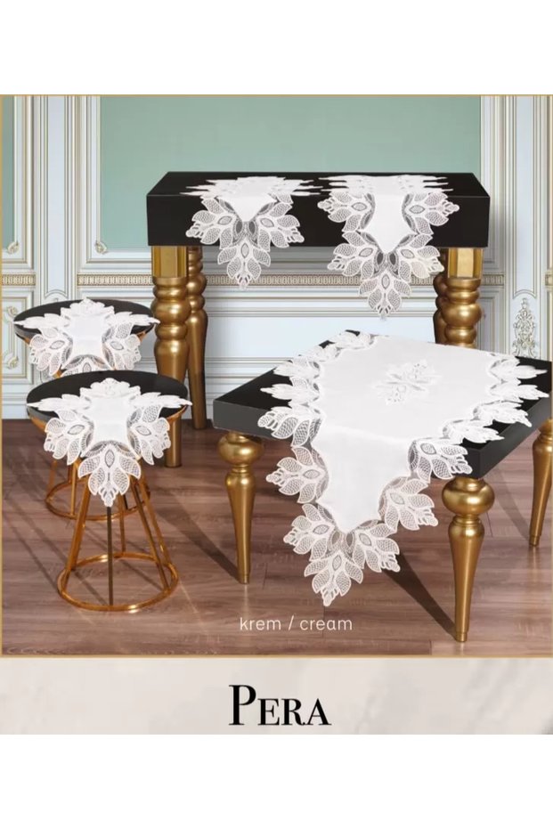 Lace Linen Tablecloth Runner Set Dowry Pera Model No 3982 Cream 5 Piece Living Room Set