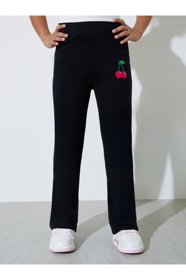 Teen Girls Black Full-Length Leggings with Cherry Print